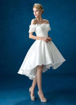 Summer Wedding Dresses 2023 White Lace Satin Off The Shoulder Bridal Gown High Low Beading Bows Short Sleeve Bridal Dress -Dresses Store 124557d0 31a2 46b1 8b9a 7fe6ae3dc4bf