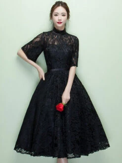 Black Cocktail Dress Lace High Collar Short Prom Dress Illusion Half Sleeve A Line Party Dress Wedding Guest Dress -Dresses Store 169e6773 48c8 4679 afcb aca2efb008d3