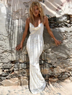 Party Dresses White Cowl Neck Pleated Sleeveless Floral Print Backless Semi Formal Dress -Dresses Store 16cb1312 8942 481f 848a ffc3d638edb7