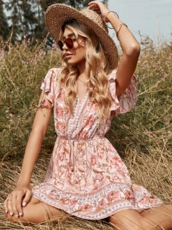 Summer Dress V-Neck Floral Print Pink Beach Dress 14 Summer Dress V-Neck Floral Print Pink Beach Dress -Dresses Store 1a45feeb 237b 4d6b b11c 72ae1689623b