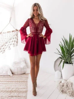 Women Party Dresses V-Neck Lace Up 3/4 Length Sleeves Asymmetrical Semi Midi Dress -Dresses Store 1b0a1e85 9337 4f0a 9ab2 300dd190516e