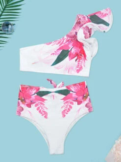 White Floral Swimsuit One Shoulder Bathing Suit Ruffle High Waisted Sexy Bikini -Dresses Store 1b955485 d485 488e 883c b612d00c60b9