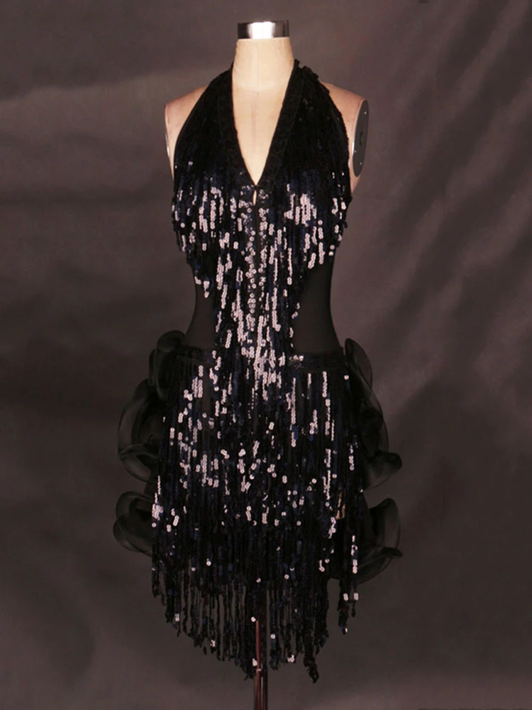 Dance Costumes Latin Dancer Dresses Organza Halter Backless Sleeveless Flowers Hem Sequin Fringes Dancing Clothes Hallloween 5 Dance Costumes Latin Dancer Dresses Organza Halter Backless Sleeveless Flowers Hem Sequin Fringes Dancing Clothes Hallloween - Image 3