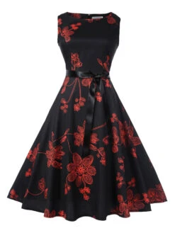 Black Vintage Dress 1950s Audrey Hepburn Style Printed Sleeveless Sash Slim Fit Summer Swing Dress