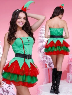 Christmas Elf Costume Green Women Strapless Short Dresses Outfit 4 Piece Halloween -Dresses Store 201812051453152775755