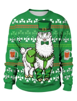 Green Sweatshirt St Patricks Day 3D Printed Clover Pullover Unisex Irish Long Sleeve Top Halloween