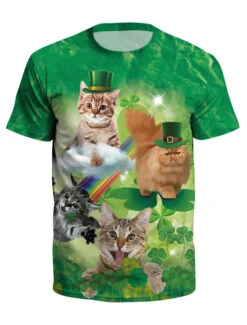 St Patricks Day T Shirt Green 3D Printed Dog Cat Clover Unisex Irish Short Sleeve Top Halloween