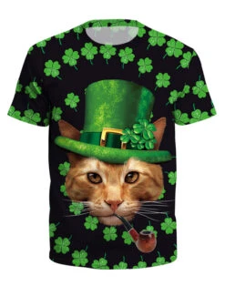 T Shirt St Patricks Day Green 3D Print Cat Clover Unisex Irish Short Sleeve Top Halloween