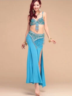 Belly Dance Costumes Women Rose Red Beading High Slit Belly Dancing Performance Costume Halloween -Dresses Store 201905201404156734967