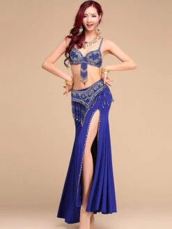 Belly Dance Costumes Women Rose Red Beading High Slit Belly Dancing Performance Costume Halloween -Dresses Store 201905201404159718462