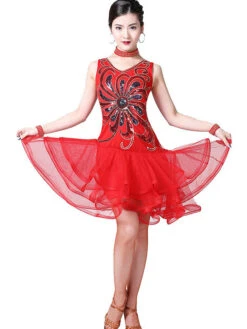 Dance Costumes Latin Dresses Sequins Flower Tiered Tulle Dancer Dancing Wear Outfit Carnival