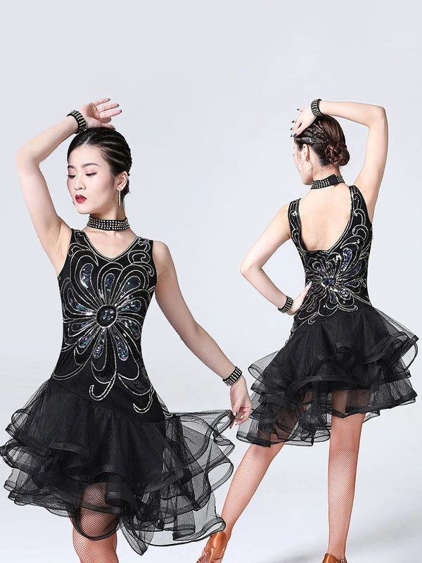 Dance Costumes Latin Dresses Sequins Flower Tiered Tulle Dancer Dancing Wear Outfit Carnival 5 Dance Costumes Latin Dresses Sequins Flower Tiered Tulle Dancer Dancing Wear Outfit Carnival - Image 3