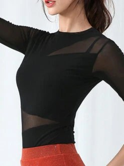 Latin Dance Costumes Tulle Semi Sheer Top Women Dancing Wears Outfit Carnival -Dresses Store 201908281625388055066