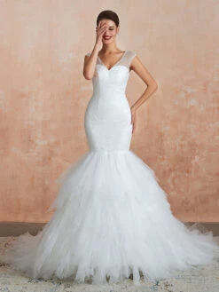 Mermaid Wedding Dress 2023 Beaded V Neck Sleeveless Bridal Gowns With Train -Dresses Store 20190906183034682874