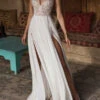 Boho Wedding Dresses 2023 Lace V Neck Sleeveless Beaded Backless Double Splits Chiffon Beach Bridal Gowns -Dresses Store 201909291019253992449