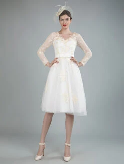 Short Wedding Dress Tulle Knee Length V Neck Long Sleeves A Line Bridal Gowns -Dresses Store 201909291538098725605