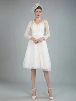 Short Wedding Dress Tulle Knee Length V Neck Long Sleeves A Line Bridal Gowns -Dresses Store 201909291538102135954
