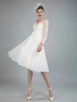 Short Wedding Dress Tulle Knee Length V Neck Long Sleeves A Line Bridal Gowns -Dresses Store 201909291538108916818