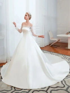 Vintage Wedding Dress 2023 Off The Shoulder Long Sleeve Princess Satin Floor Length Bridal Gowns With Train -Dresses Store 201910141105318552302