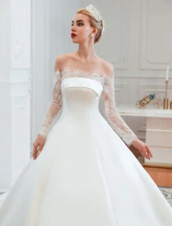 Vintage Wedding Dress 2023 Off The Shoulder Long Sleeve Princess Satin Floor Length Bridal Gowns With Train -Dresses Store 201910141105327405808