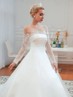 Vintage Wedding Dress 2023 Off The Shoulder Long Sleeve Princess Satin Floor Length Bridal Gowns With Train -Dresses Store 201910141105333668706