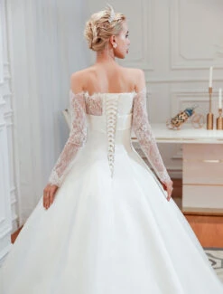 Vintage Wedding Dress 2023 Off The Shoulder Long Sleeve Princess Satin Floor Length Bridal Gowns With Train -Dresses Store 201910141105336519608