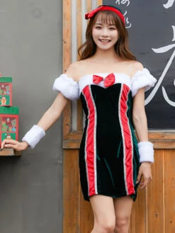 Women Christmas Dress Bow Furry Velour Christmas Holidays Costumes