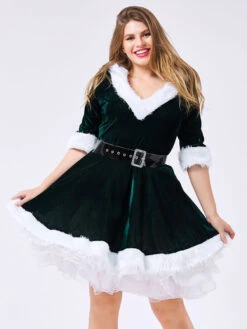 Women Christmas Costume V Neck Furry Velour Skater Dress Dark Green Holidays Costumes -Dresses Store 201911261747185241926