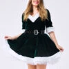 Women Christmas Costume V Neck Furry Velour Skater Dress Dark Green Holidays Costumes -Dresses Store 201911261747191297462