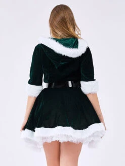 Women Christmas Costume V Neck Furry Velour Skater Dress Dark Green Holidays Costumes -Dresses Store 201911261747196995862