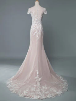 Simple Wedding Dress Mermaid Jewel Neck Short Sleeves Floor Length Lace Bridal Gowns With Train Free Customization -Dresses Store 202001131356132946371