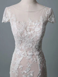 Simple Wedding Dress Mermaid Jewel Neck Short Sleeves Floor Length Lace Bridal Gowns With Train Free Customization -Dresses Store 202001131356135866438