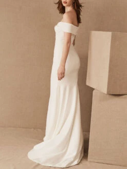 Simple Mermaid Causal Wedding Dresses Satin Off The Shoulder Pleated Floor Length Chapel Train Bridal Dress Free Customization -Dresses Store 202003171506258233672