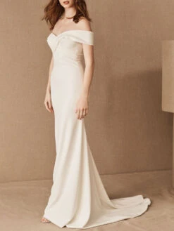 Simple Mermaid Causal Wedding Dresses Satin Off The Shoulder Pleated Floor Length Chapel Train Bridal Dress Free Customization -Dresses Store 202003171506264672883