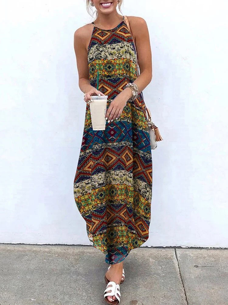 Boho Maxi Dress Women Sleeveless Printed Long Dress 4 Boho Maxi Dress Women Sleeveless Printed Long Dress - Image 2