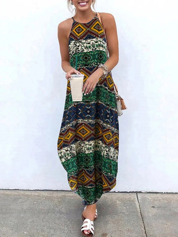 Boho Maxi Dress Women Sleeveless Printed Long Dress 3 Boho Maxi Dress Women Sleeveless Printed Long Dress