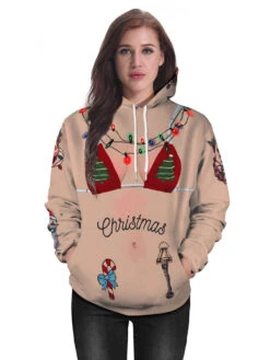 Deep Apricot Hoodie Christmas Tops Polyester Fiber Christmas Pattern Causal Holidays Costumes -Dresses Store 202011111146262143303