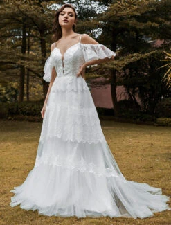 Boho Wedding Dress Lace A-Line V-Neck Line Beaded Gown Free Customization -Dresses Store 202011301322101571058