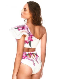 White Floral Swimsuit One Shoulder Bathing Suit Ruffle High Waisted Sexy Bikini -Dresses Store 202012081626386899726