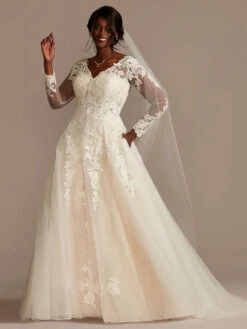 Wedding Gowns With Train A-Line Long Sleeves Tulle V-Neck Ivory Lace Bridal Gowns -Dresses Store 202102011441598356929
