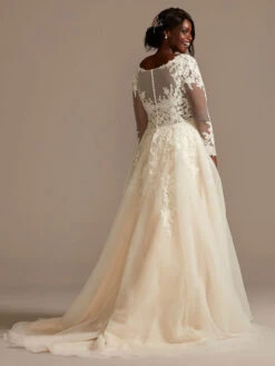 Wedding Gowns With Train A-Line Long Sleeves Tulle V-Neck Ivory Lace Bridal Gowns -Dresses Store 202102011442001498123