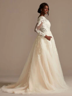 Wedding Gowns With Train A-Line Long Sleeves Tulle V-Neck Ivory Lace Bridal Gowns -Dresses Store 20210201144200458126
