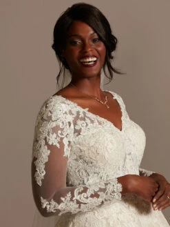 Wedding Gowns With Train A-Line Long Sleeves Tulle V-Neck Ivory Lace Bridal Gowns -Dresses Store 202102011442007563624