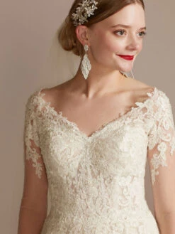 Wedding Gowns With Train A-Line Long Sleeves Tulle V-Neck Ivory Lace Bridal Gowns -Dresses Store 202102011442014331963