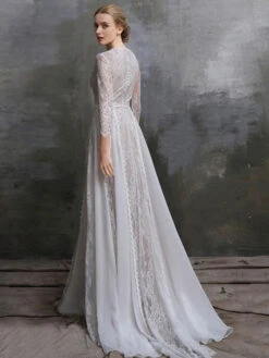 Ivory Lace Wedding Dress With Train A-Line Long Sleeves Chiffon Jewel Neck Bridal Gowns Free Customization -Dresses Store 202102011822139378681