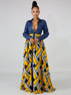 Red Maxi Dresses For Women Long Sleeves Printed V-Neck Lace Up Oversized Long Dress -Dresses Store 202104061437266797205