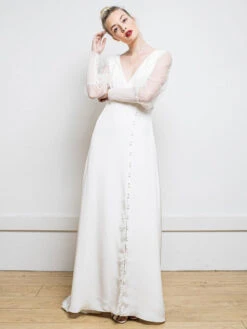 White Simple Causal Wedding Dress Satin Fabric V-Neck Long Sleeves A-Line Tulle Satin Fabric Long Bridal Dresses Free Customization -Dresses Store 202104261900071037119