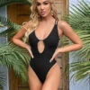 One Piece Swimsuits Black Lace Up Strap Neck Backless High Waisted Summer Beach Swimwear