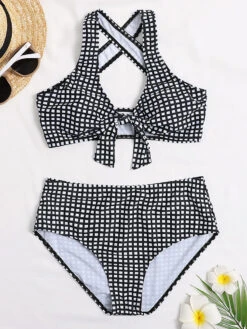 Two Piece Vintage Swimsuits Black Plaid Pattern Bows Halter Backless High Waisted Summer Beach Swimwear -Dresses Store 202104291601134092991