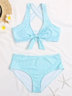 Two Piece Vintage Swimsuits Black Plaid Pattern Bows Halter Backless High Waisted Summer Beach Swimwear -Dresses Store 202104291601137574156